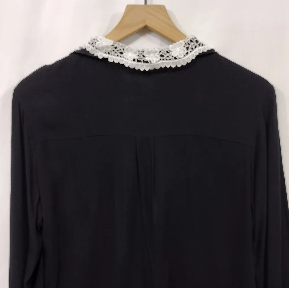 H&M Babydoll Blouse Women's 12 Black White Preppy Academia Boho Retro 90s Y2K - Picture 6 of 8